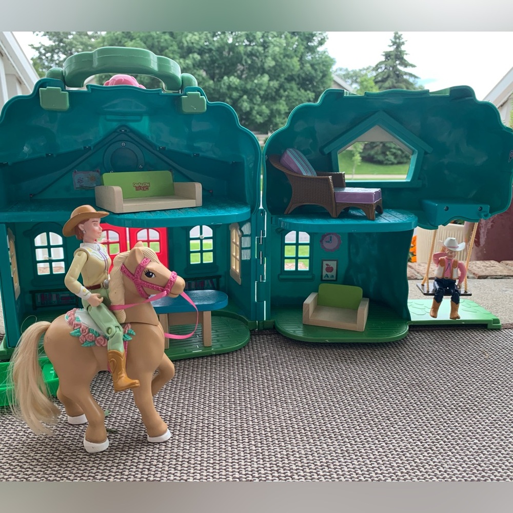 Cowgirl dolls, horse, house, and furniture playset